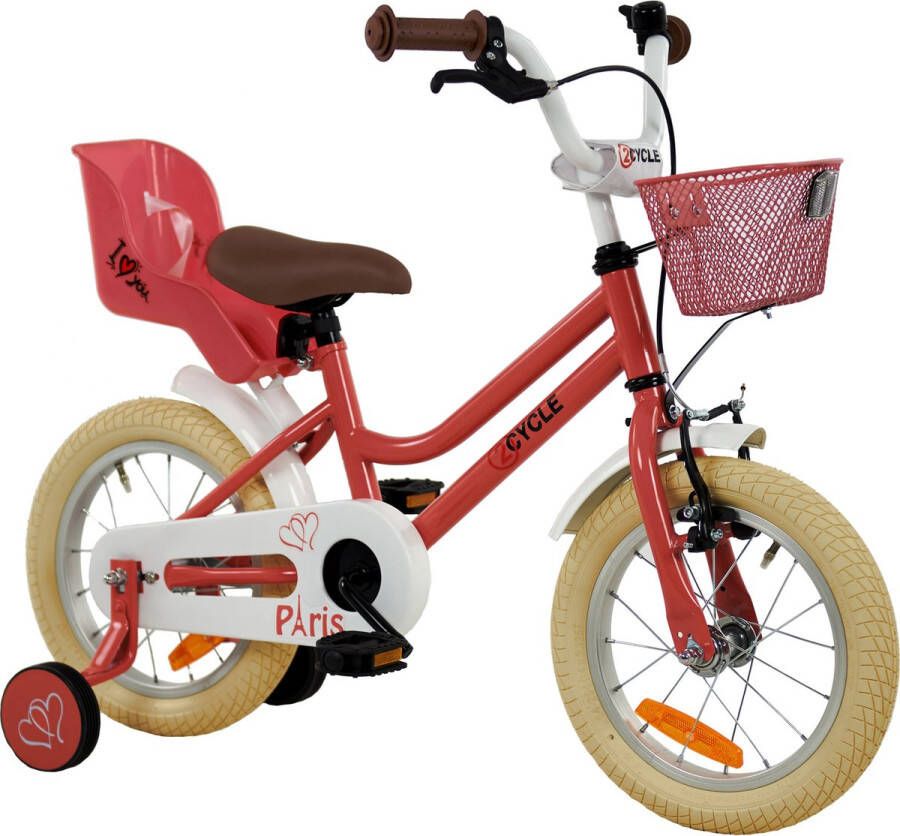 2Cycle Paris Kinderfiets 14 inch Roze-Wit met Poppenzitje 2 Cycle Zeemeermin Kinderfiets 14 inch Meisjesfiets 14 inch fiets