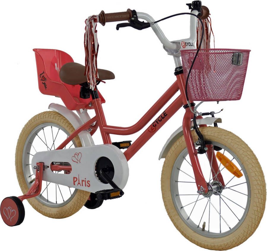 2Cycle Paris Kinderfiets 16 inch Roze-Wit met Poppenzitje Meisjesfiets 16 inch fiets