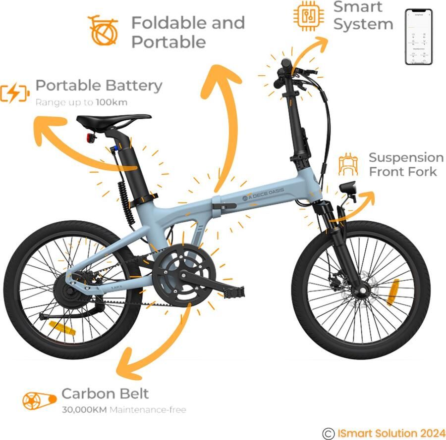 A Dece Oasis ADO E-bike Air A20S Elektrische Fiets vouwfiets e-bike 25 km h Maximale Snelheid Hydraulische Schijfrem Krachtige Samsung-batterij Met Verende Voorvork Iovry blue (Blauw)