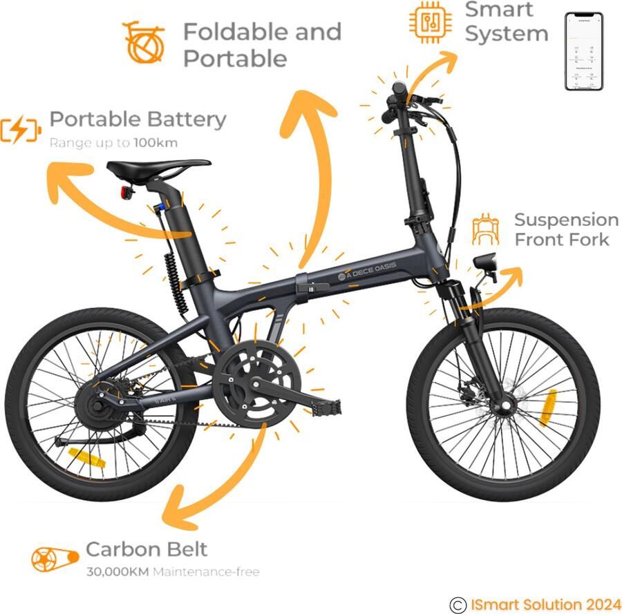A Dece Oasis ADO E-bike Air A20S Elektrische Fiets vouwfiets met 75-100 km Actieradius 25 km h Maximale Snelheid Hydraulische Schijfrem Krachtige Samsung-batterij Met Verende Voorvork Grijs