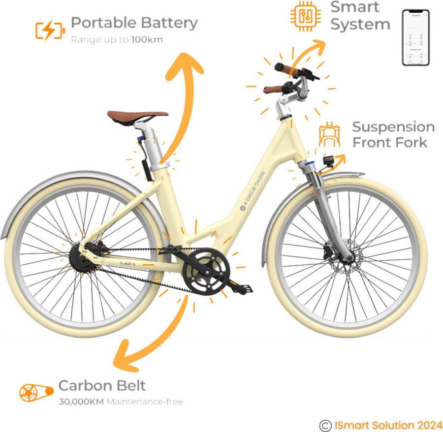 A Dece Oasis ADO E-bike A28 Air Elektrische Fiets e-bike 345Wh Samsung-batterij 100-150km Actieradius Geavanceerde Koolstofriem IPX7-display voor Slimme Navigatie 250W Motor Licht Geel (Latte)