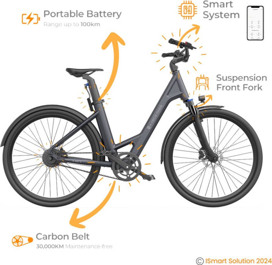 A Dece Oasis ADO E-bike A28 Air Elektrische Fiets e-bike 345Wh Samsung-batterij 100-150km Actieradius Geavanceerde Koolstofriem IPX7-display voor Slimme Navigatie 250W Motor Donker Grijs