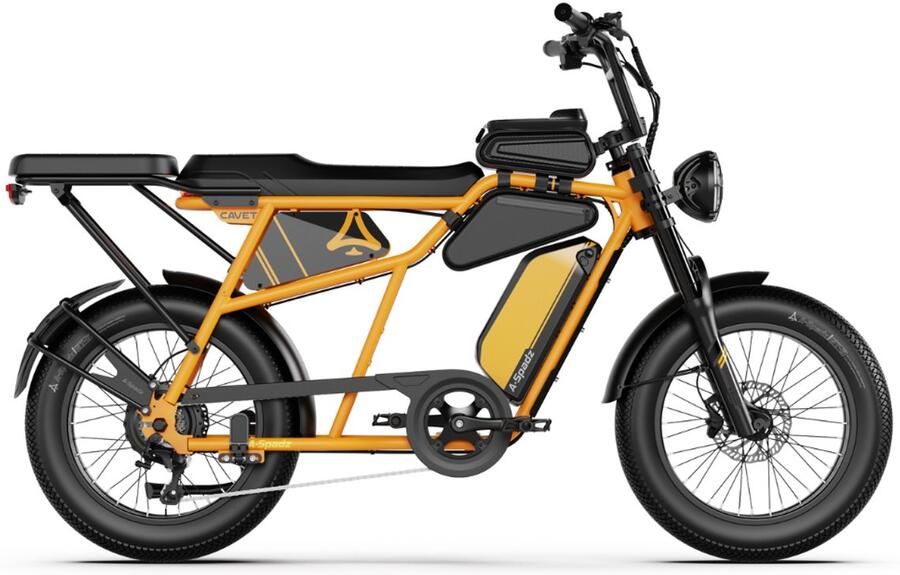 A-Spadz CAVET Air Plus Elektrische Fatbike Inclusief Achterzitje Inclusief Tasjes Inclusief Voetsteuntjes 20 Inch 250W Motor 7 Versnellingen 100 km Actieradius Hydraulische Schijfrem Geel
