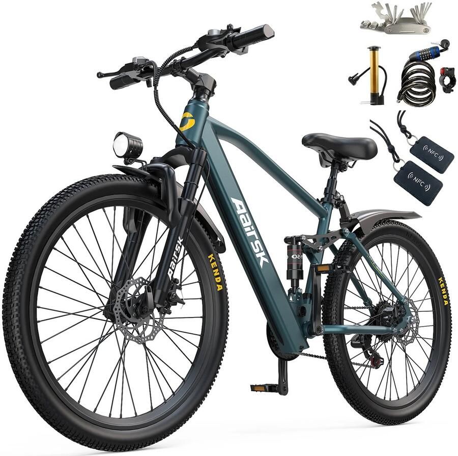 Aairsk 24 Elektrische Mountainbike&Stadsfiets Blauw 25 km u Maximum Snelheid 7 21 Versnellingen & Dubbele Vering 250W Piekmotor Elektrische Fiets voor Volwassenen NFC Startfunctie Het maximale bereik is 100 km
