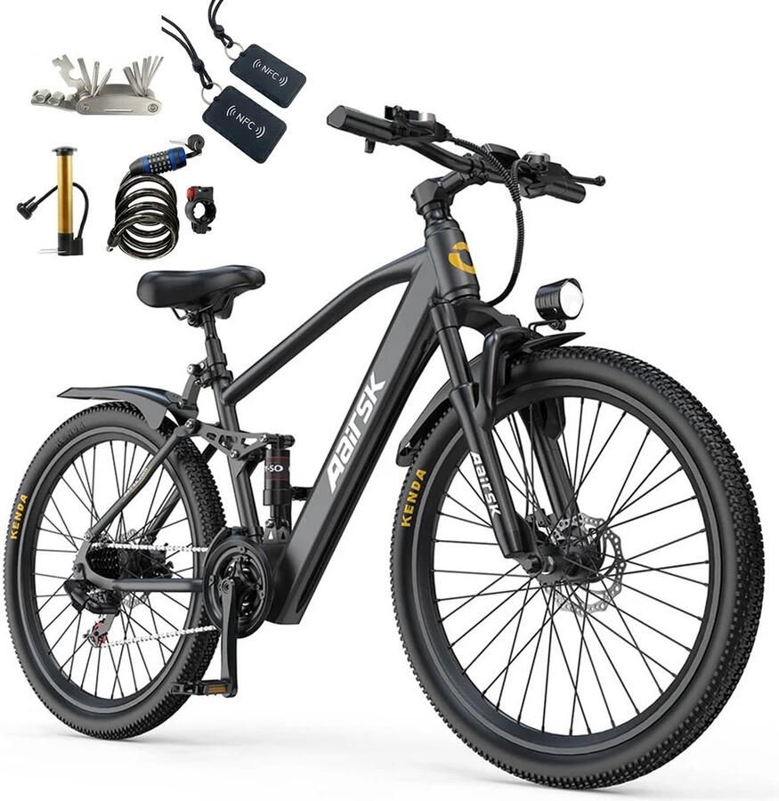 Aairsk 26 Elektrische Mountainbike&Stadsfiets Zwart 25 km u Maximum Snelheid Tot 64 km Bereik 7 21 Versnellingen & Dubbele Vering 250W Piekmotor Elektrische Fiets voor Volwassenen NFC Startfunctie Het maximale bereik is 100 km