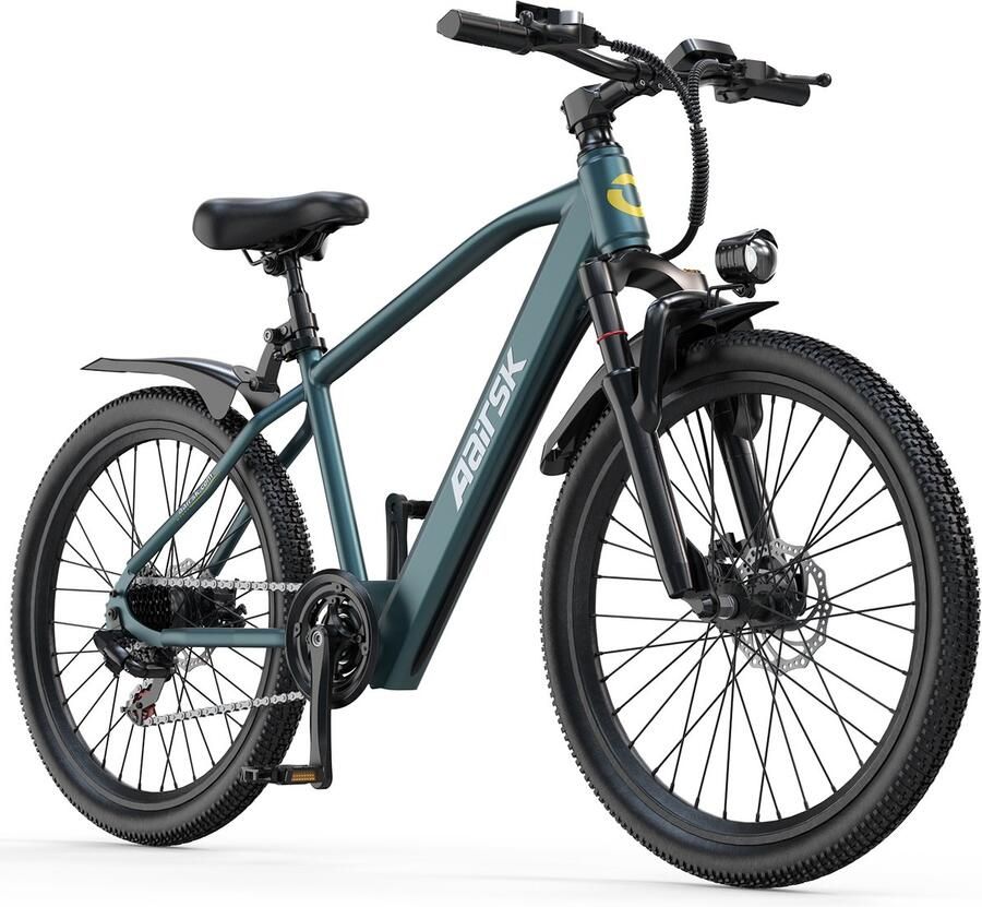 Aairsk Elektrische Fiets 26 Inch – EU-conforme 250W trapondersteuning tot 25 km u – 36V 10Ah accu met actieradius tot 55 km – Shi o 7-versnelling en NFC startfunctie – LCD-display en LED-voorlamp – Ontworpen voor dagelijkse mobiliteit – Zeegroen