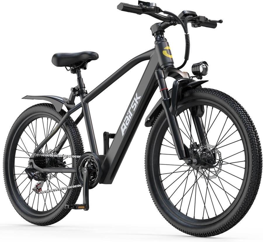 Aairsk Elektrische Fiets 26 Inch – EU-conforme 250W trapondersteuning tot 25 km u – 36V 10Ah accu met actieradius tot 55 km – Shi o 7-versnelling en NFC startfunctie – LCD-display en LED-voorlamp – Ontworpen voor dagelijkse mobiliteit – Zwart