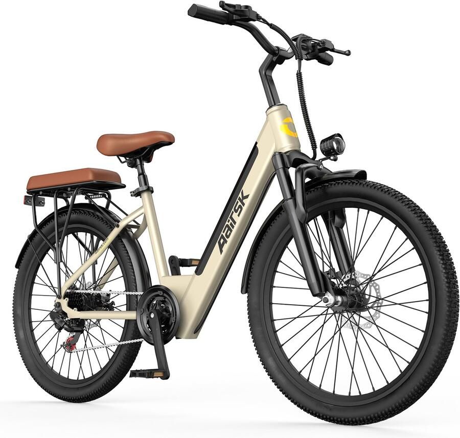 Aairsk Elektrische Fiets 26 Inch -EU-nor 250W(Actieradius 75km) 36V 13Ah Accu – Trapondersteuning tot 25 km u – Shi o 7 Versnellingen – NFC Startfunctie – Gebroken wit Kleur