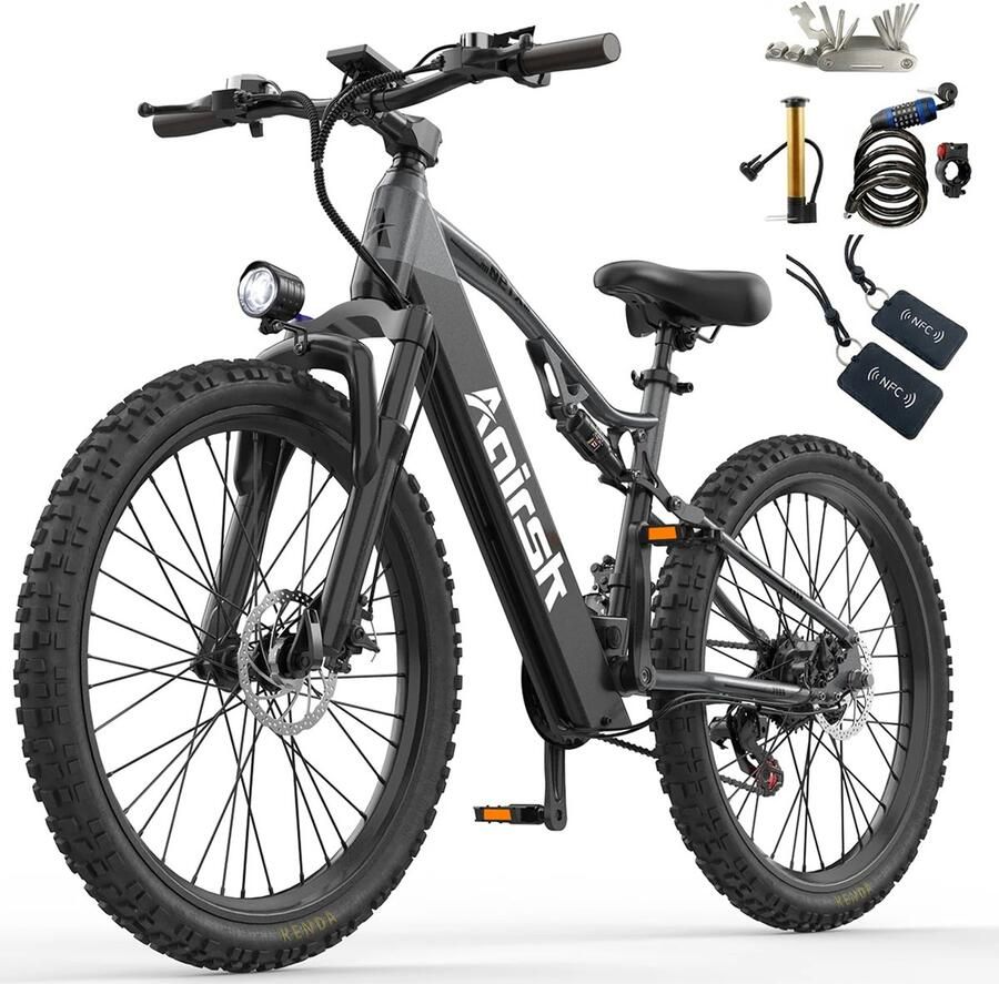 Aairsk elektrische fiets – 48V 20Ah accu 65 km bereik dubbele vering en 26 all-terrain banden voor stad en terrein. Shi o 7 Versnellingen NFC Startfunctie Mountainbike&Stadsfiets Het maximale bereik is 120 km