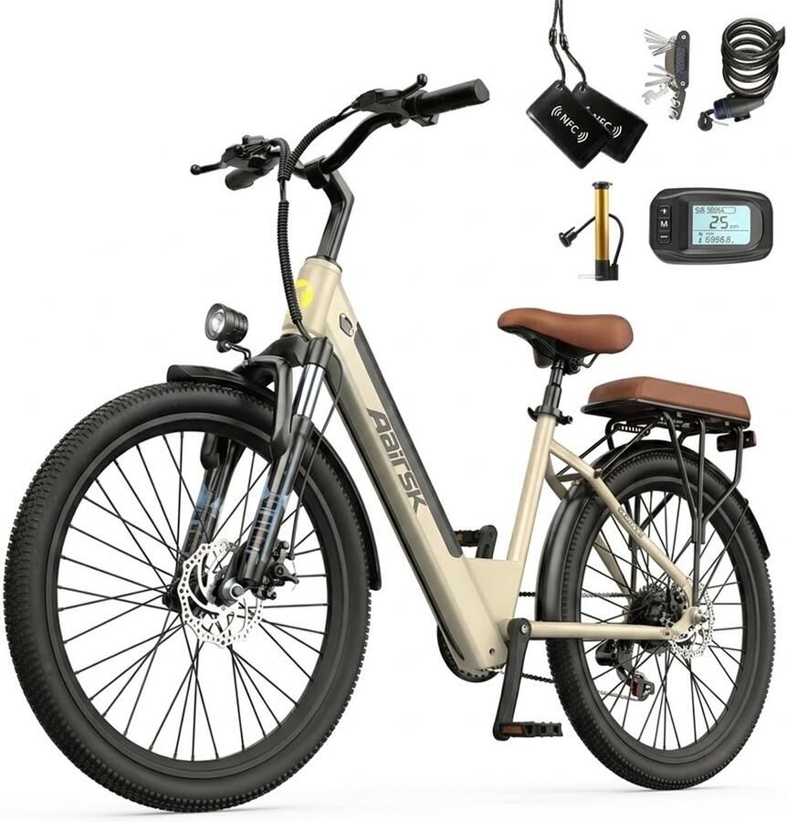 Aairsk Elektrische Fiets voor Buitenritten met Aanhangerzitje 36V 13Ah Accu 250W Motor 24 Inch Banden Multiterrein NFC Sleutelloos Systeem & Professionele Shi o Configuratie Het maximale bereik is 100 km