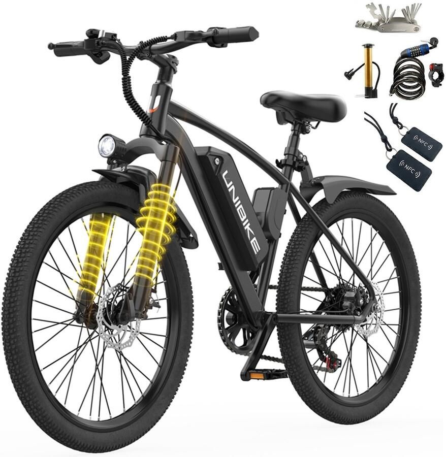 Aairsk UNIBIKE Elektrische Stadsfiets voor Volwassenen 250W Motor 36V 10Ah Accu 26 All-Terrain Banden Shi o 7 Versnellingen LCD Display Voorvorksuspensie NFC Startfunctie Het maximale bereik is 100 km