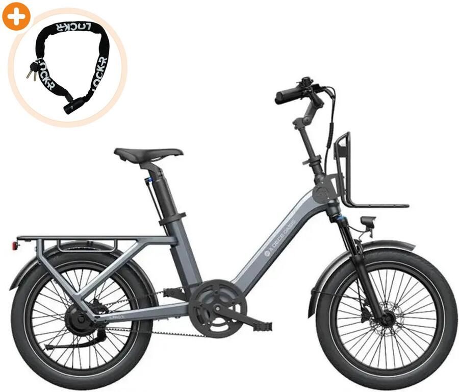 Ado Air One Ultra Elektrische Fiets 20 inch 250W motor Actieradius tot 100 km Automatische 3 versnellingen 370Wh accu Voorvering Grijs