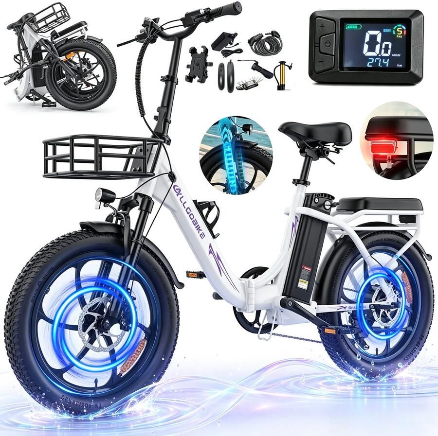 Allgobike AC20 Elektrische Fiets 20*3.0 Inch Fat Tire City Commuter E-Bike 48V 20Ah Lithium Batterij Opvouwbaar -250W Motor 7 Versnellingen Wit