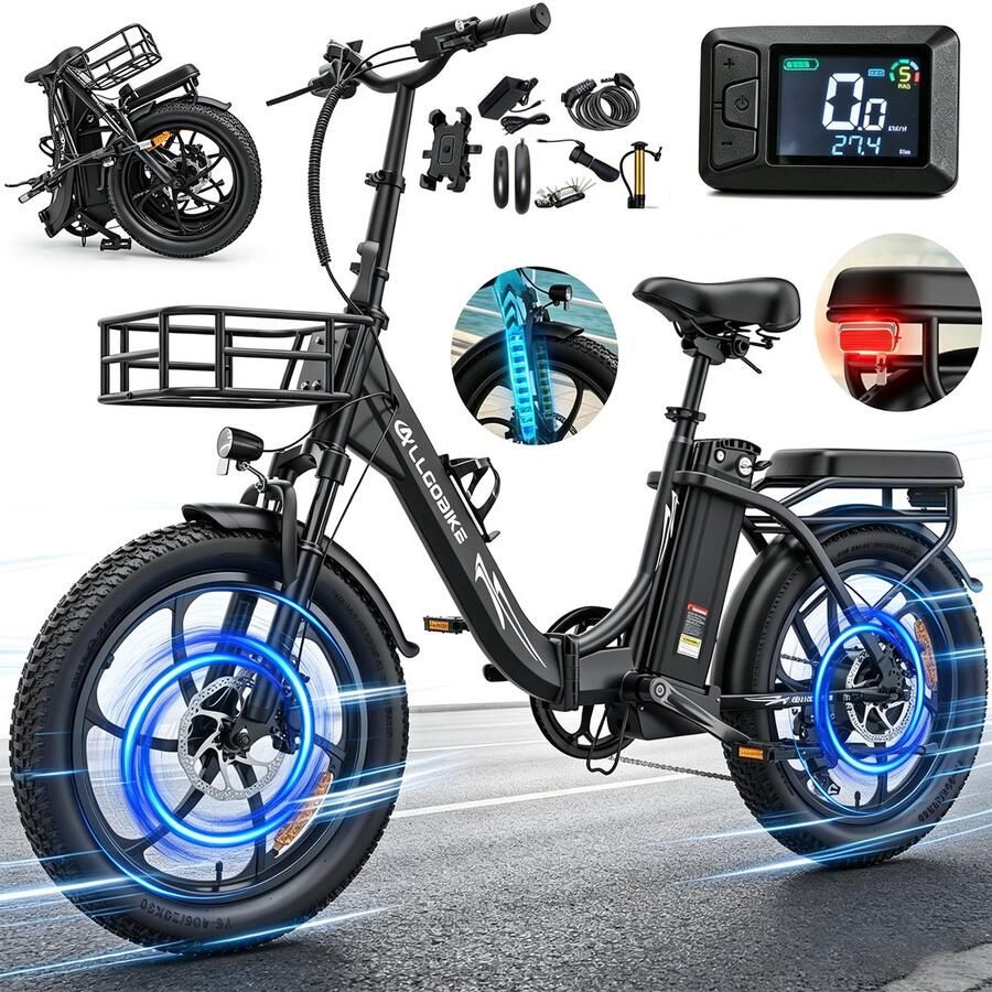 Allgobike AC20 Elektrische Fiets 20*3.0 Inch Fat Tire City Commuter E-Bike 48V 20Ah Lithium Batterij Opvouwbaar -250W Motor 7 Versnellingen -Zwart