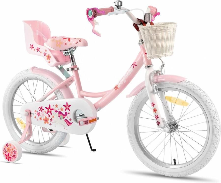 ALLVIA Kinderfiets 18 Inch Kinderfiets 16 Inch Fiets voor Meisjes van 2 tot 7 jaar met Poppenzitje Steunwielen en Mandje Roze 98cm x 49cm x 20cm