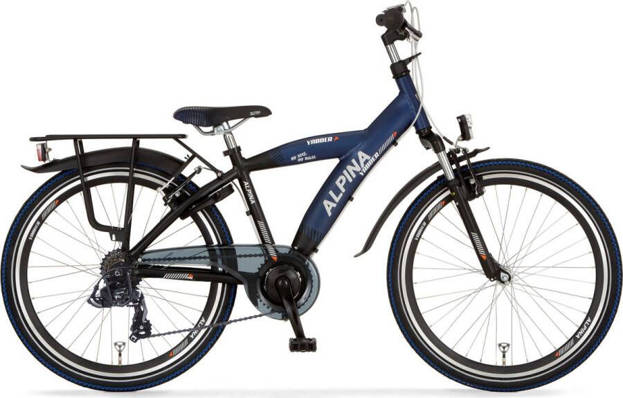 alpina Yabber fiets 24 inch Jet Black Metallic Sporty Blue Crossfiets Jongensfiets Zwart Blauw