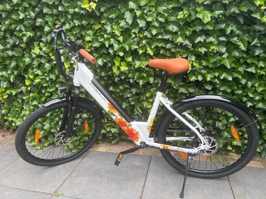 Ambrum Elektrische fiets Actieradius 50-70km Verwijderbare batterij 374 Wh Motor 250W Elektrische stadsfiets Shi o 7 versnellingen 26 Inch City Commuter EBike Wit