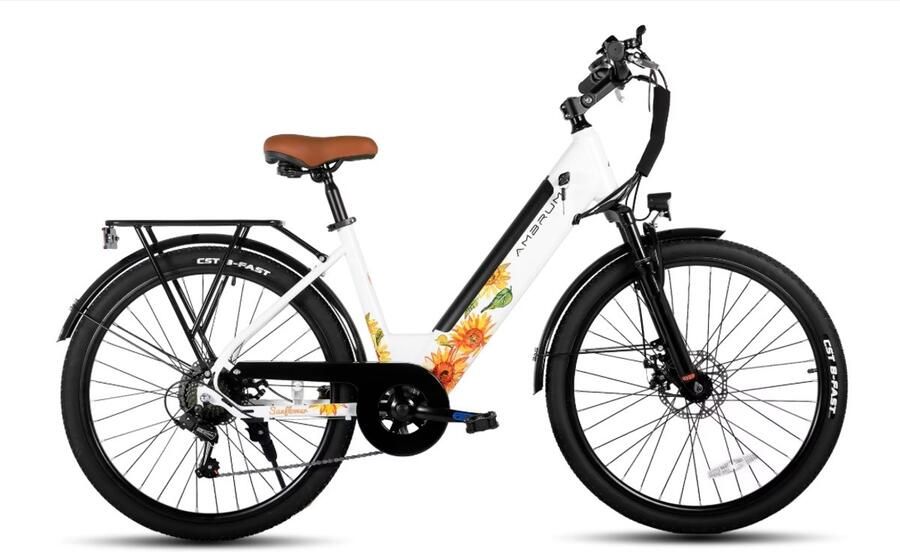 Ambrum Elektrische fiets Actieradius 50-70km Verwijderbare batterij 374 Wh Motor 250W Elektrische stadsfiets Shi o 7 versnellingen 26 Inch City Commuter EBike Wit