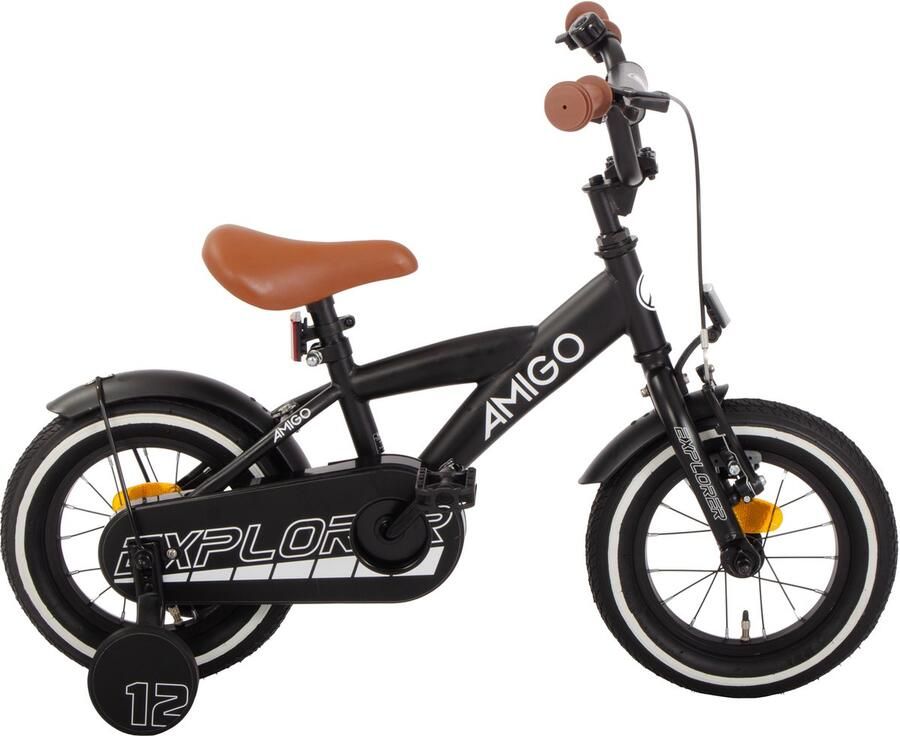 Amigo Explorer Jongensfiets 12 Inch Kinderfiets voor 2 tot 4 Jaar 90-105 cm Terugtraprem Zwart Wit