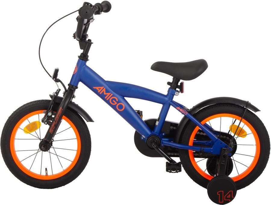 Amigo Explorer Jongensfiets 14 Inch Kinderfiets voor 3 tot 5 Jaar 95-110 cm Terugtraprem Blauw Oranje