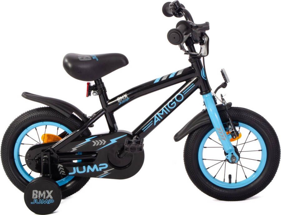 Amigo BMX Jump Jongensfiets 12 Inch Kinderfiets voor 2 tot 4 Jaar 90-105 cm Met Zijwieltjes Zwart Blauw