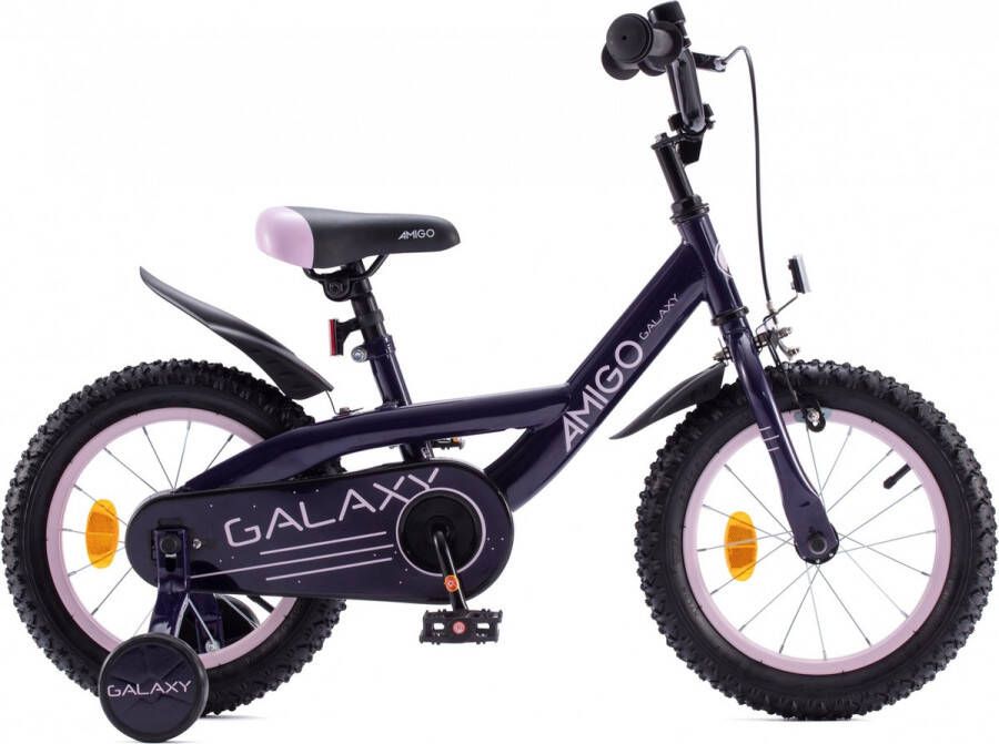 Amigo Galaxy Meisjesfiets 14 Inch Kinderfiets voor 3 tot 5 Jaar 95-110 cm Paars Roze met Zijwieltjes