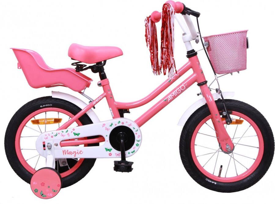 Amigo Magic Meisjesfiets Kinderfiets 12 inch Met Terugtraprem en Zijwieltjes Roze