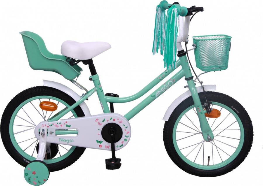 Amigo Magic Meisjesfiets Kinderfiets 16 inch Met Terugtraprem en Zijwieltjes Turquoise