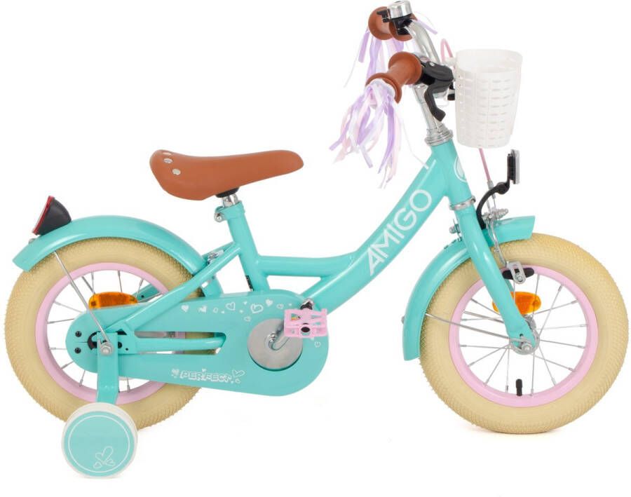 Amigo Perfect Meisjesfiets Kinderfiets voor Meisjes 12 Inch 21 cm Terugtraprem Turquoise