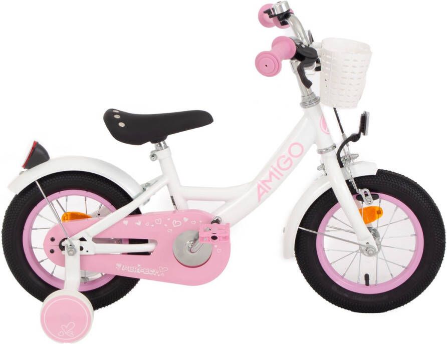 Amigo Perfect Meisjesfiets Kinderfiets voor Meisjes 12 Inch 21 cm Terugtraprem Wit Roze - Foto 1