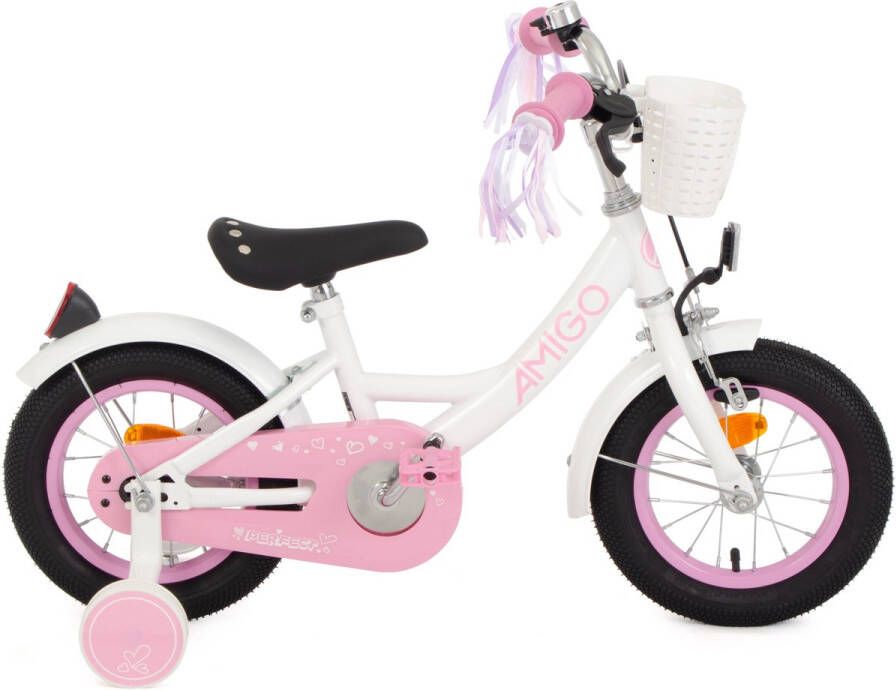 Amigo Perfect Meisjesfiets Kinderfiets voor Meisjes 12 Inch 21 cm Terugtraprem Wit Roze