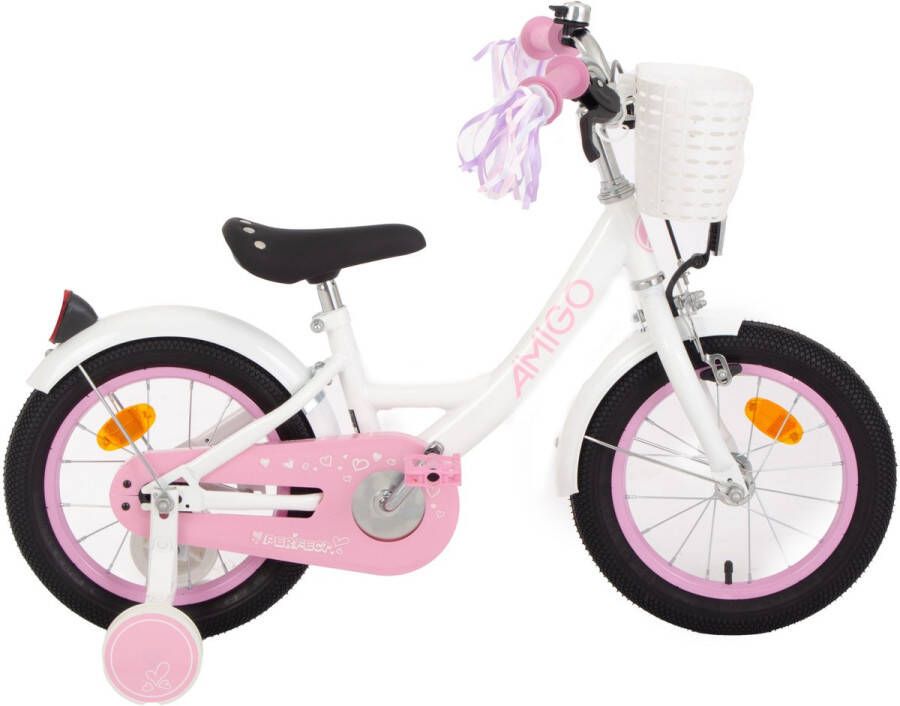 Amigo Perfect Meisjesfiets Kinderfiets voor Meisjes 14 Inch 22 cm Terugtraprem Wit Roze