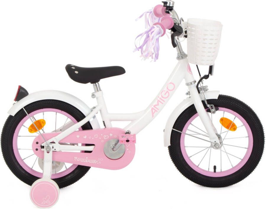 Amigo Perfect Meisjesfiets Kinderfiets voor Meisjes 14 Inch 22 cm Terugtraprem Wit Roze