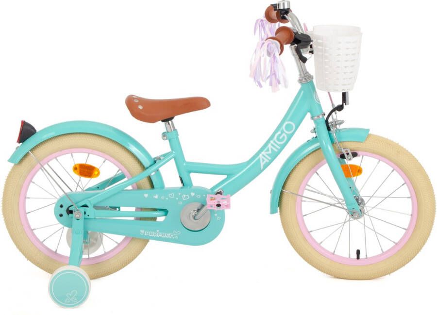 Amigo Perfect Meisjesfiets Kinderfiets voor Meisjes 16 Inch 23 5 cm Terugtraprem Turquoise