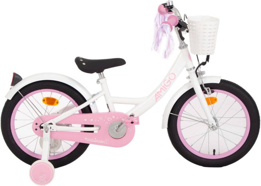 Amigo Perfect Meisjesfiets Kinderfiets voor Meisjes 16 Inch 23 5 cm Terugtraprem Wit Roze