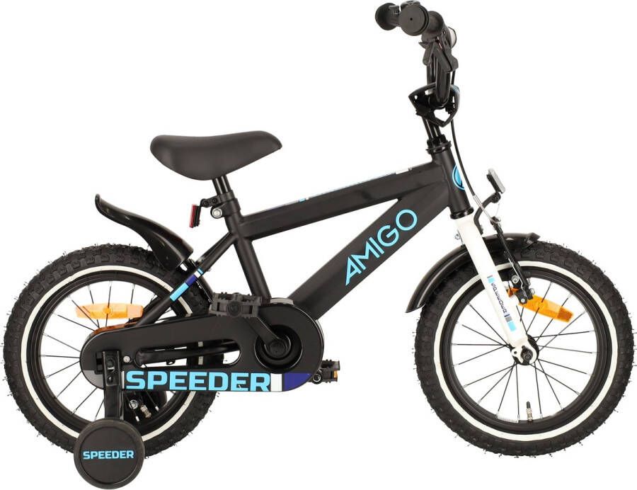 Amigo Speeder Jongensfiets 14 Inch 24 cm Kinderfiets voor Jongens Terugtraprem Zwart Blauw
