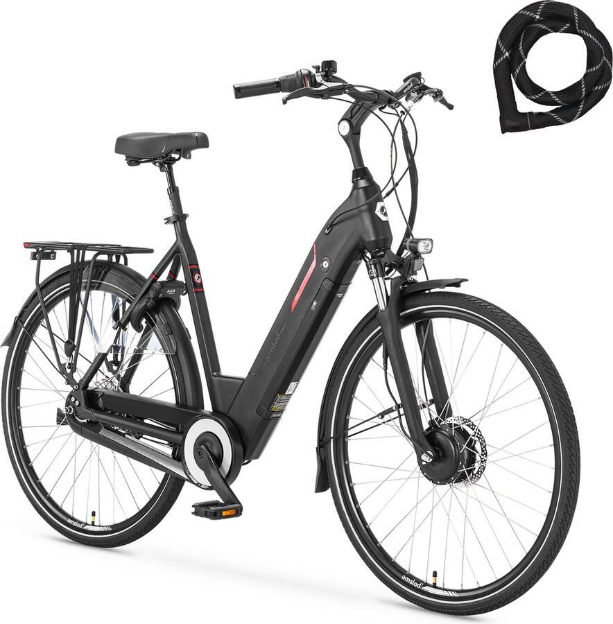 Amslod Newton F-LV Elektrische Fiets Maat L (58 cm) Jet Black 540Wh accu + ABUS Iven Chain 8210 110cm slot Comfort Flow collectie