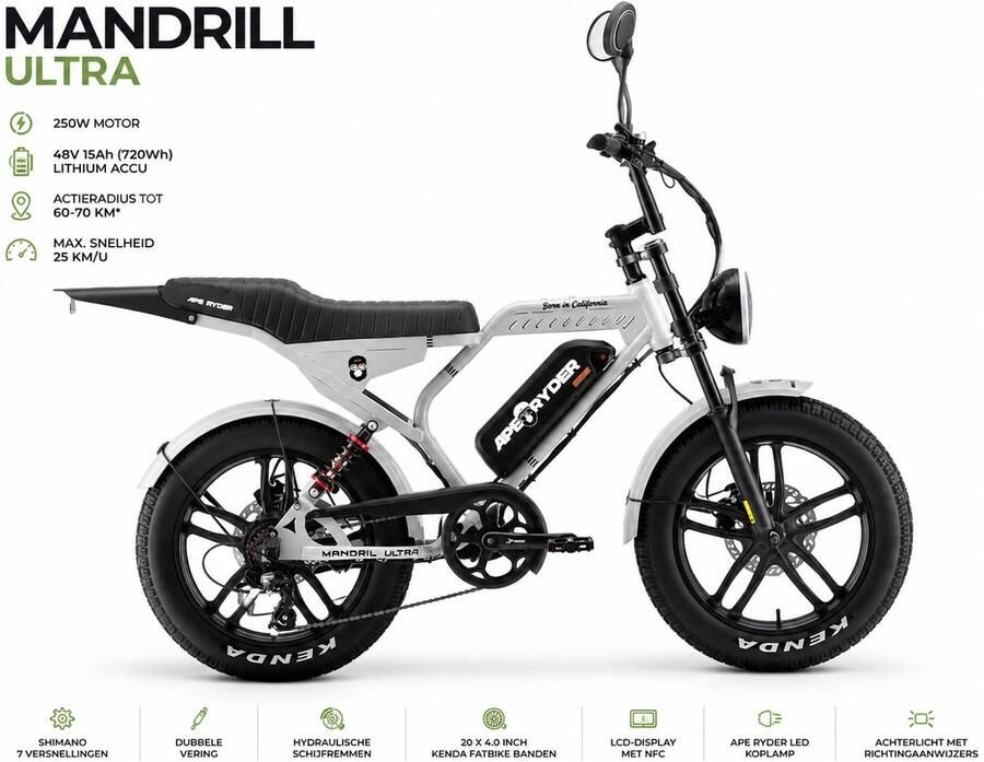 Ape Ryder Ecowielen drill Ultra Elektrische Fatbike 250W 48V 15Ah Actieradius 60-70 km 20 Inch Shi o 7 Versnellingen Hydraulische Schijfrem