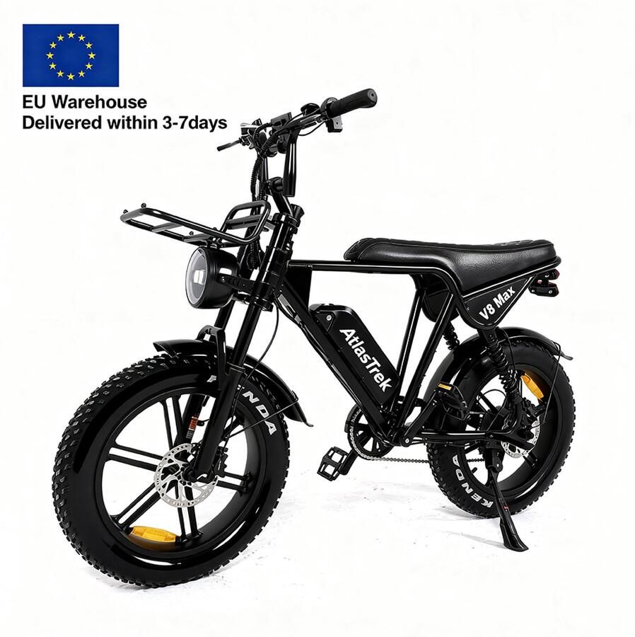 AtlasTrek V8 Max Elektrische Fiets 48V 15Ah 25 km u 20 x 4 Fatbietbanden 50-60 km Bereik 330 kg Max Belasting Zwart