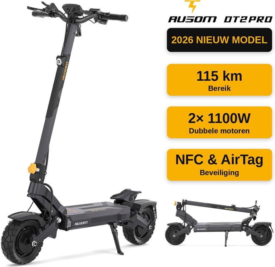AUSOM DT2 Pro 2026 NIEUW MODEL Elektrische Scooter – Dubbele 1100W Motoren 23 4Ah Accu Bereik 115km Hydraulische Schijfrem Rocker-Arm Vering 10 Tubeless Banden Max. 297 lbs NFC & AirTag Beveiliging – Grijs
