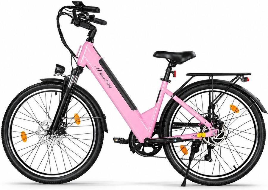 AVDL Elektrische Fiets Stadsfiets 7 Versnellingen 26 Inch 36V 12.8Ah 250W Schijfrem 40-60 km Actieradius LCD Display Roze