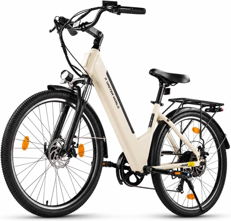 AVDL Elektrische Fiets Stadsfiets 7 Versnellingen 26 Inch 36V 12.8Ah 250W Schijfrem 40-60 km Actieradius LCD Display Gebroken Wit