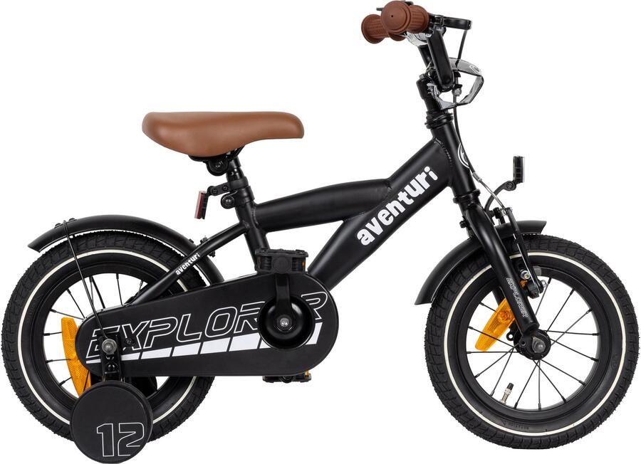 Aventuri Explorer 3.0 Jongensfiets 12 Inch Kinderfiets voor 2 tot 4 Jaar 90-105 cm Met Zijwieltjes Matzwart