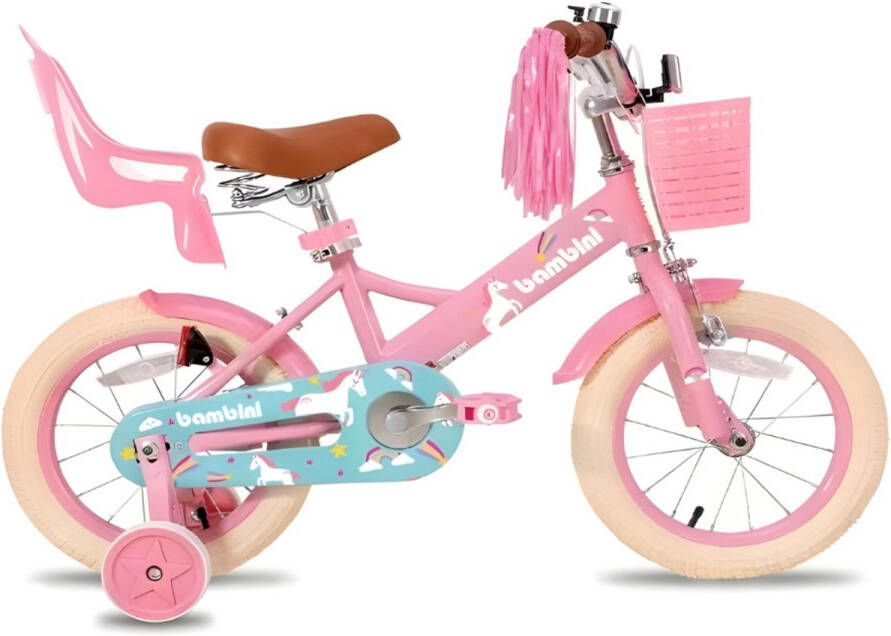 Bambini Kinderfiets Fiets voor meisjes 16 inch Voor kinderen van 3 tot 6 jaar Inclusief opbergbak Met zijwieltjes Roze