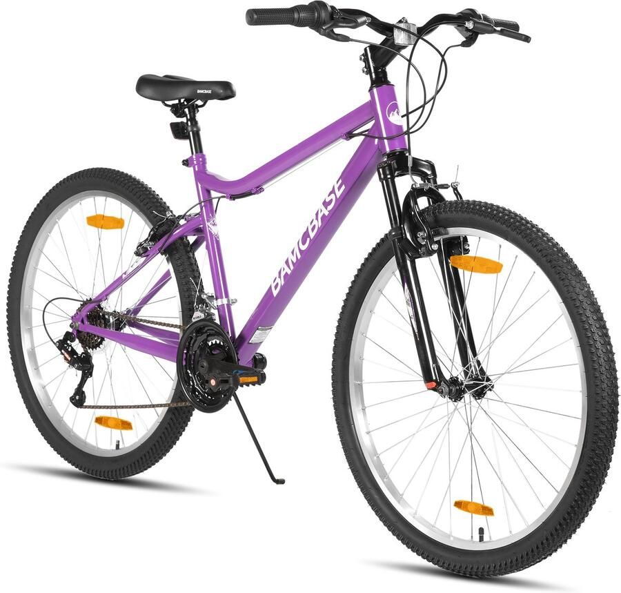 BAMCBASE Lilac Voorvering Mountainbike 26 inch Carbonstalen Frame 18 Versnellingen Handrem V-Brake Spatborden Paars