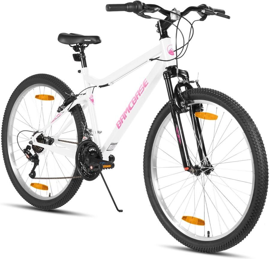 BAMCBASE Lilac Voorvering Mountainbike 26 inch Carbonstalen Frame 18 Versnellingen Handrem V-Brake Spatborden Wit