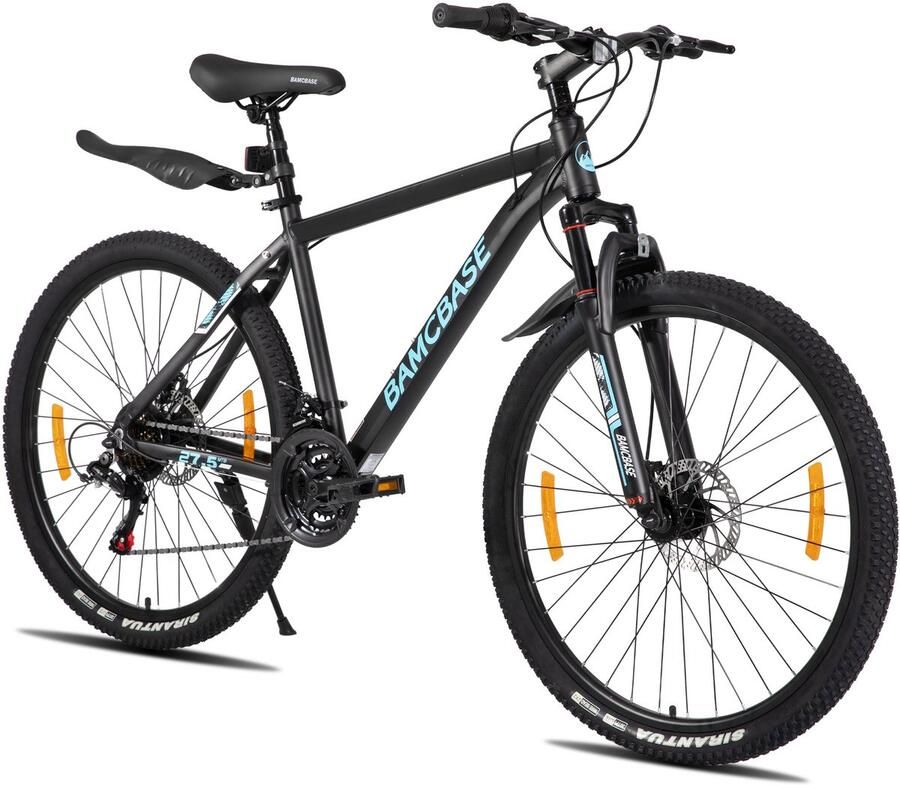 BAMCBASE Sedona voorvering mountainbike 27.5 aluminium frame 21 versnellingen handrem mechanische schijfrem Bell spatborden zwart