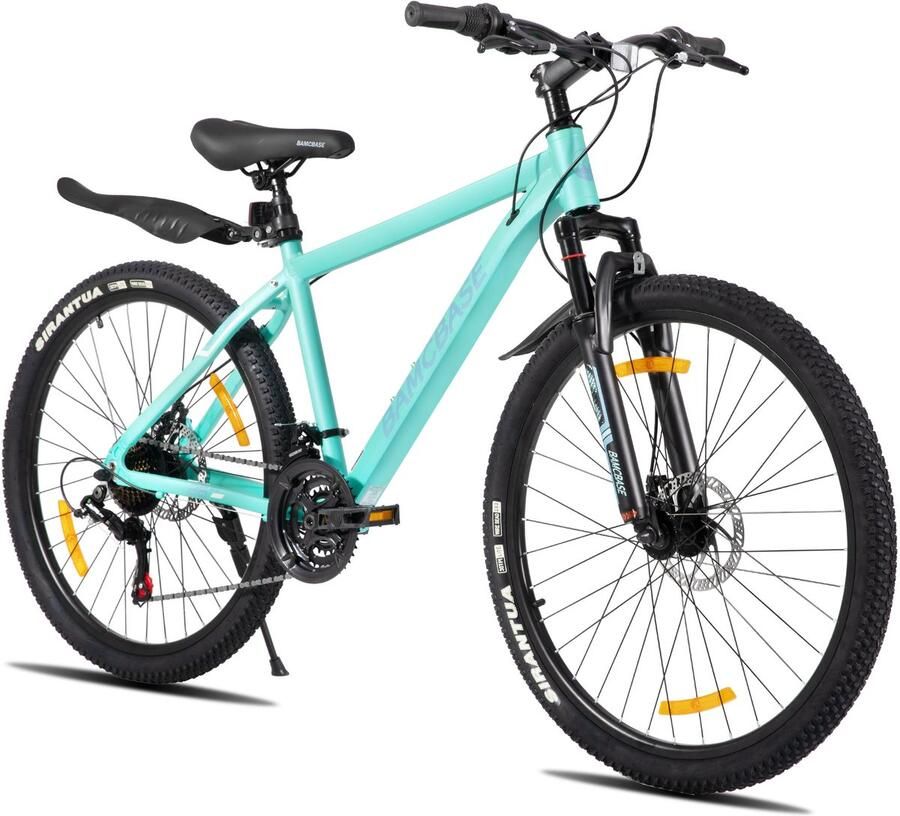 BAMCBASE Sedona voorvering mountainbike 26 aluminium frame 21 versnellingen handrem mechanische schijfrem Bell spatborden groen