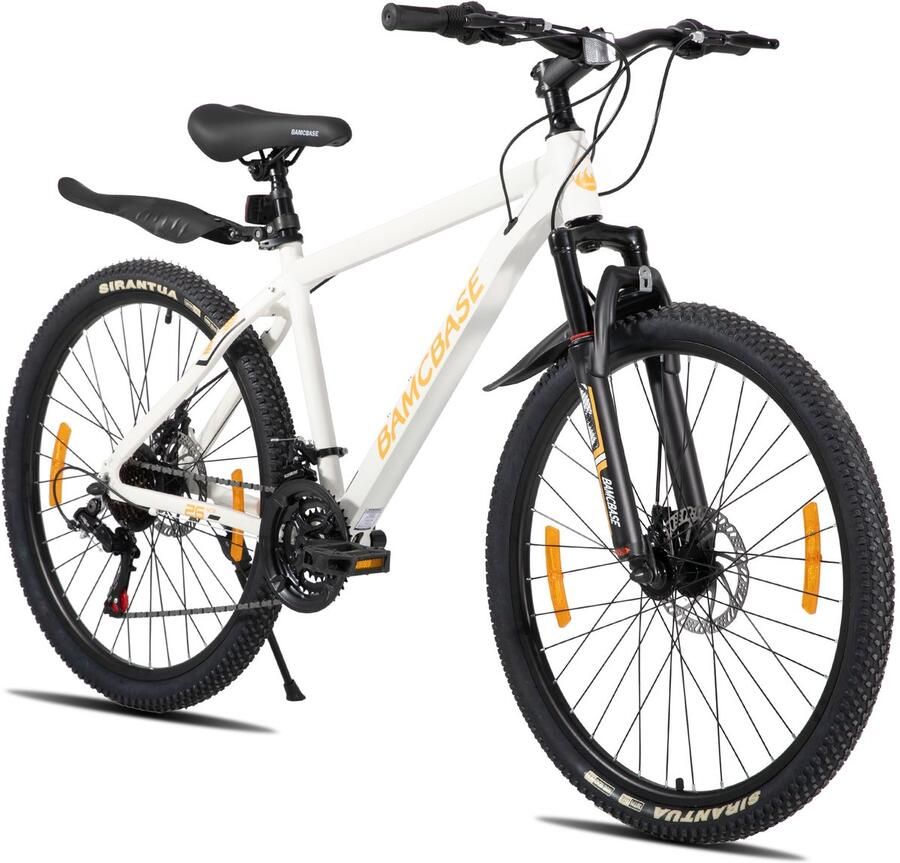 BAMCBASE Sedona voorvering mountainbike 27.5 aluminium frame 21 versnellingen handrem mechanische schijfrem Bell spatborden wit