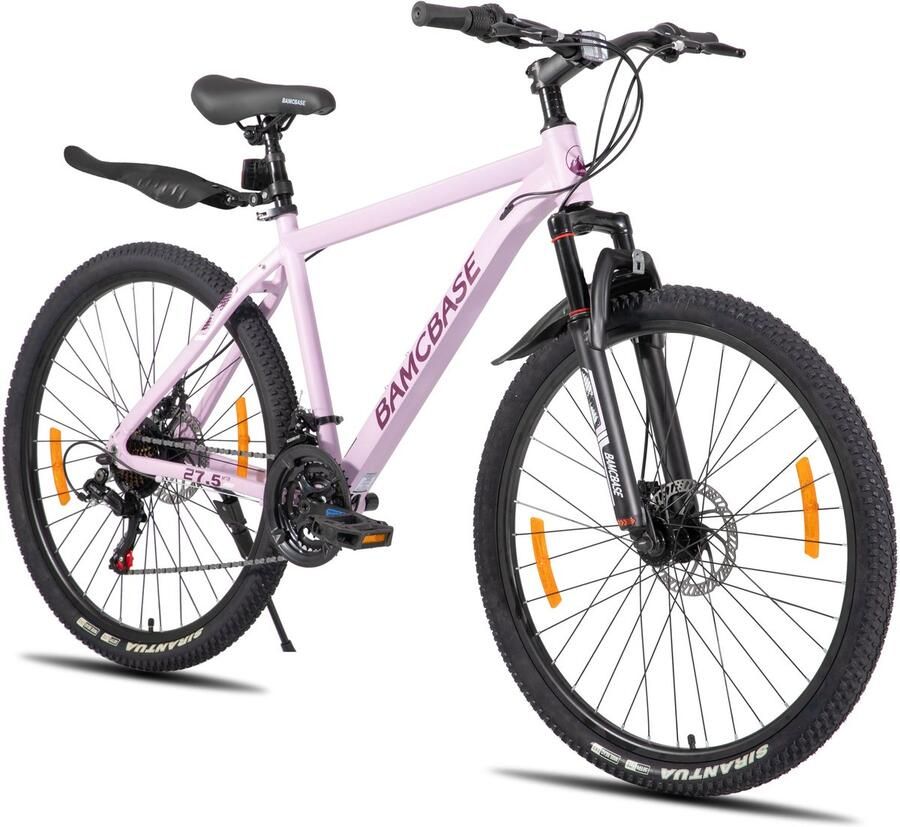BAMCBASE Sedona voorvering mountainbike 27.5 aluminium frame 21 versnellingen handrem mechanische schijfrem Bell spatborden paars